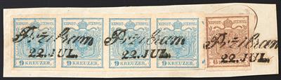 Briefstück - Österreich Nr. 5 H I im waagrechten VIERERSTREIFEN mit rechts kurzem Andreaskreuzansatz + Nr. 4 H Ia, - Briefmarken