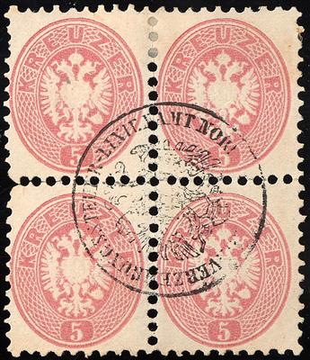 gestempelt - Österr. Nr. 32 im VIERERBLOCK mit zentriertem Fiskalstempel K. K. VERZEHRUNGS STEUER LINIENAMT NOR..., - Stamps