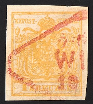 gestempelt - Österreich Nr. 1 M III, gelb, mit rautenförmigem wiener Teilabschlag in ROT - Stamps