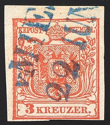 gestempelt - Österreich Nr. 3 H Ia, rot, mit Teilabschlag des seltenen Zweizeiler gestempelt "v.   MIE(S) / 22 JU(N) - Briefmarken