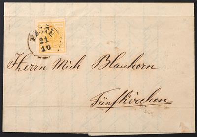 Poststück - Österr. Nr. 1 M III gelb breitrandig auf kpl. Drucksache mit Stempel PESTH nach Fünfkirchen vom 21. 10. 1858, - Francobolli