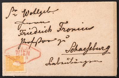 Poststück - Österreich Nr. 10 I, dunkelgelb, auf Parte als Drucksache mit Rauten gestempelt "3-6 Ab. / WIEN / IIX - 4 - Stamps