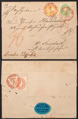 Poststück - Österreich Nr. 18 + 19 anschriftseitig + Nr. 20 siegelseitig (als unvollständige Rekofrankatur, - Briefmarken
