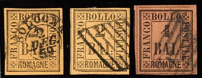 gestempelt - Romagna Nr. 3 (2) etwas unterschiedliche Nuancen mit Rauten- bzw. Doppelkreis gestempelt (von Bologna) und Nr. 5, - Známky