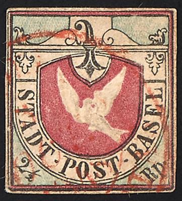 gestempelt - Schweiz Kanton Basel Nr. 1 a (Basler Taube) mit rotem Doppelkreis gestempelt von Basel, - Briefmarken