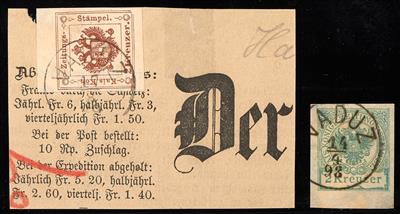 Poststück/Briefstück/gestempelt - Liechtenstein Vorläufer Österreich Zeitungsstempelmarken Nr. 6 Briefstück bzw. Nr. 7 gestempelt, - Francobolli