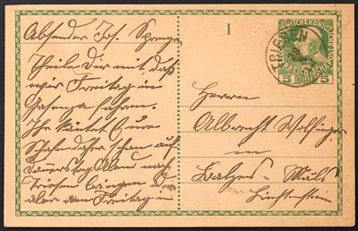 Poststück - Liechtenstein Vor- und Mitläufer Ausgaben 1908/1918 Ganzsachen Postkarte 5 Heller grün (KFJ) Frageteil - Stamps