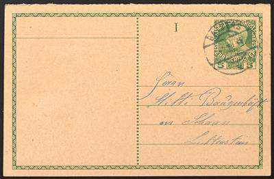 Poststück - Liechtenstein Vor- und Mitläufer Ausgaben 1908/1918 Ganzsachen Postkarte 5 Heller grün (KFJ) Frageteil - Známky