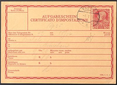 Poststück - Liechtenstein Vor- und Mitläufer Ausgaben 1908/1918 Telegramm Aufgabeschein 10 Heller rot (KFJ, - Známky