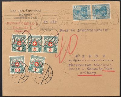 Poststück - Schweizer Marken in Liechtenstein verwendet Schweiz Portomarken Nr. 29 + 36 + 30 (im Dreierstreifen), - Francobolli
