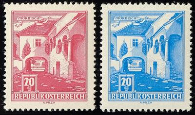 ** - Österr.   ANK Nr. 1090 P (20 Groschen Bauten) Probedrucke in Lilakarmin und Kobaltblau - Briefmarken