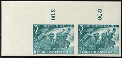 ** - Österr. Nr. 1116U (Weltflüchtlingsjahr 1959/60) im waagrechen Paar von der linken oberen Bogenecke, - Briefmarken