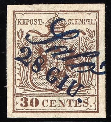gestempelt - Lombardei-Venetien Nr. 4 H I a dunkelbraun, rundum vollrandig, mit dunkelblauem - Briefmarken