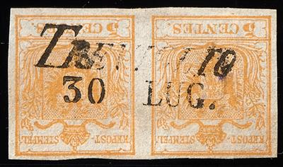 gestempelt - Lombardei-Ventien Nr. 1 orangegelb, Erstdruck, im waagrechten PAAR, auf Seidenpapier 0,07 mm - Briefmarken
