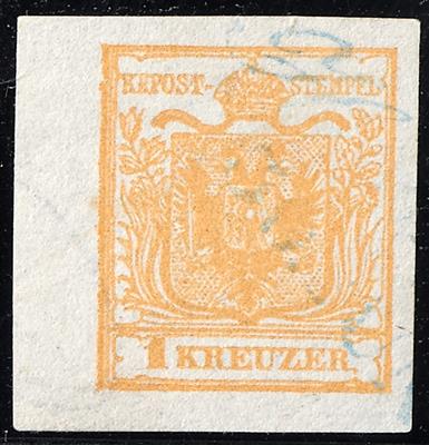 gestempelt - Österr. Nr. 1 H I a orangeocker, links 5 mm Randstück + Randdruck + TeilWasserzeichen - Stamps
