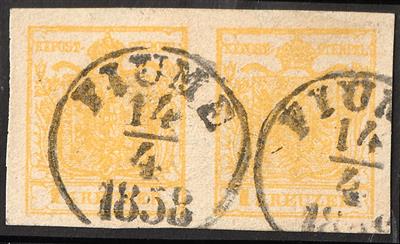 gestempelt - Österr. Nr. 1M Type III zitronengelb im waagrechten Paar, - Briefmarken