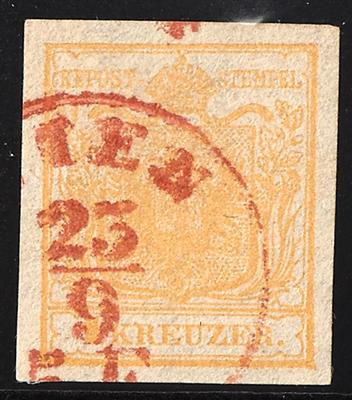 gestempelt - Österreich Nr. 1 H Ia, ockergelb, mit Großteil des Einkreis gestempelt "(W) IEN 23/9 (5. E.)" in ROT - Briefmarken