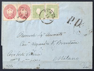 Poststück - Lombardei-Venetien Nr. 8 a (2 Stück) + 16 b (Paar) als Mischfrankatur auf Faltbrief von PADOVA nach Milano, - Briefmarken