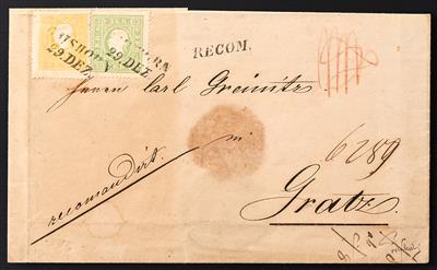 Poststück - Österr. Nr. 10 II a + 12 a vorderseitig + Nr. 21 b rückseitig als Mischfrankatur - Briefmarken