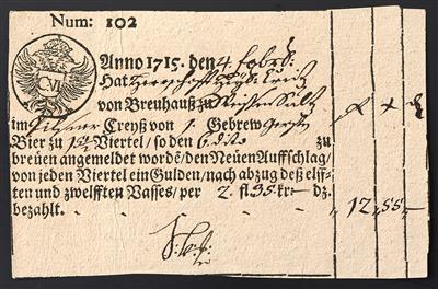 Poststück - Österr. Stempelmarken 1715/1802 - Lot von 6 historischen Trank/Biersteuer quittungen - Briefmarken