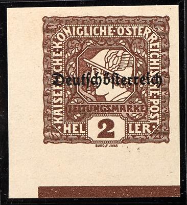 * - Österr. Ztgsm. 1919 - 2 Heller(Nr. 247) mit waagr. Probeaufdr."Deutschösterreich"Eckrandstück mit Balken, - Briefmarken