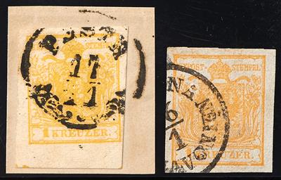 gestempelt/Briefstück - Österr. Nr. 1 H Ia gestempelt orangeocker mit kleinem Plattenfehler: - Briefmarken