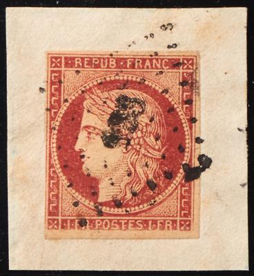Europa Frankreich Briefstück - 1849 Freimarke 1 Franc karmin mit Plattenfehler "fehlende untere Einfassungslinie", - Francobolli