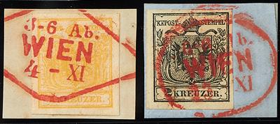 Ausgabe 1850 Briefstück/gestempelt - 1 Kreuzer bis 9 Kreuzer Freimarken rot gestempelt Serie komplett, - Briefmarken
