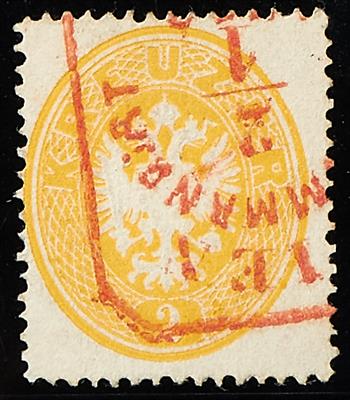 Ausgabe 1863 gestempelt - 2 Kreuzer dunkelgelb mit rotem Kastenstempel, - Známky