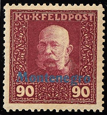 Feldpostmarken Montenegro ** - 1917 90 Heller lilarot mit blauem Aufdruck, - Známky