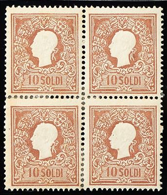 Lombardei Ausgabe 1858 * - 10 Soldi braun Type I im Viererblock mit vollem frischen Original-Gummi, - Briefmarken