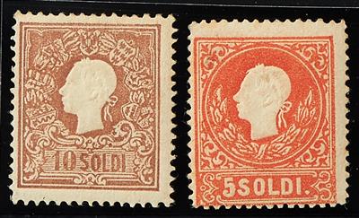 Lombardei Ausgabe 1858 **/* - 5 Soldi Type II postfrisch und 10 Soldi braun Type I, - Francobolli
