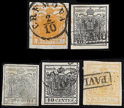 Lombardei Ausgabe 1850 gestempelt - 5 Cent. hellockergelb und dunkelorange bzw.10 Cent. schwarz Type Ia mit Abklatsch, - Francobolli
