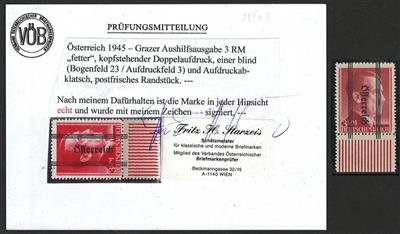 ** - Österr. 1945 - 3 RM Graz mit Doppelaufdruck kopfstehend - einer in Blinddruck dieser mit Abklatsch, - Stamps