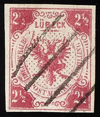 gestempelt - Lübeck Nr. 4 mit diagonal aufgesetztem Strichstempel des Stadtpostamtes, - Briefmarken