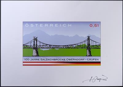 Österr. 2003 Markenentwürfe zur Salzachbrücke (D-A) Format 27 x 15 cm des Markenkünstlers Margreiter mit Unterschrift, - Stamps