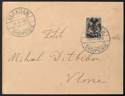 Poststück - Albanien Nr. 8 auf Kuvert von Elbasan nach Vlone vom 26.7. 1913, - Briefmarken