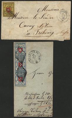 Poststück/Briefstück Schweiz Nr. 8 II a. Poststück u. 9II senkrechter Dreierstreifen auf Briefteil, - Briefmarken