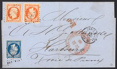 Poststück - Frankreich Yv. Nr. 14 + 16 (2) auf Faltbriefhülle von Paris nach Harbourg aus 1856, - Francobolli