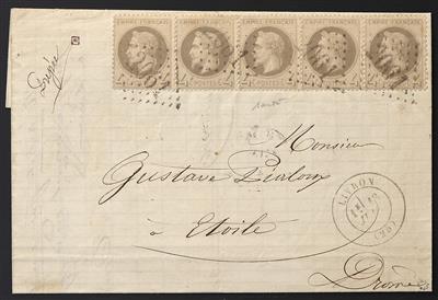 Poststück - Frankreich Yv. Nr. 27 im waagr. Fünferstreifen auf Faltbrief von Livron nach Etville aus 1869, - Známky