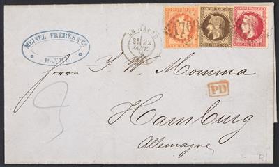 Poststück - Frankreich Yv. Nr. 30 + 31 + 32 als Dreifarbenfrank. auf Faltbrief von Le Havre nach Hamburg, - Briefmarken