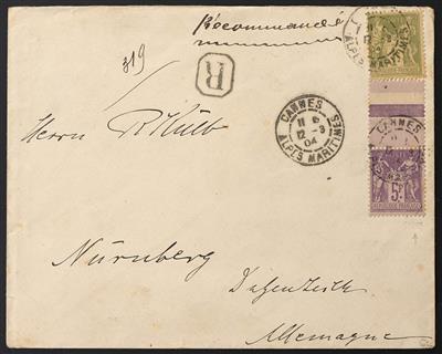 Poststück - Frankreich Yv. Nr. 82 + 95 vom Oberrand auf rekommandiertem Kuvert von Cannes nach Nürnberg, - Stamps