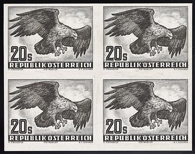 (*) - Österr. Nr. 973PUI (20S aus Flug 1950/53 als UNGEZÄHNTER PROBEDRUCK IN SCHWARZ AUF KARTONPAPIER im Viererblock), - Briefmarken