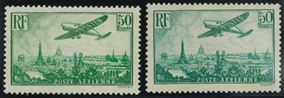 ** - Frankreich Nr. 305/311a/b(Flugpostausg. 1936) die 50 Fr. in beiden Farben (die dunkelgrüne schwach sign. Brun), - Briefmarken