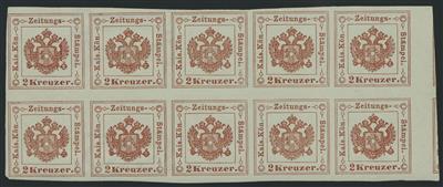 ** - Österr. Zeitungsstempelm. Nr. 6 im waagr. Zehnerblock von der Bogenmitte! 2. und 6. Marke Type Ib (sonst Type Ia), - Stamps