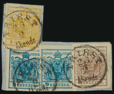 Briefstück - Österr. Nr. 1 H III + 5   MIIIb (2) + 4   MIII auf kleinem Briefstück, - Briefmarken