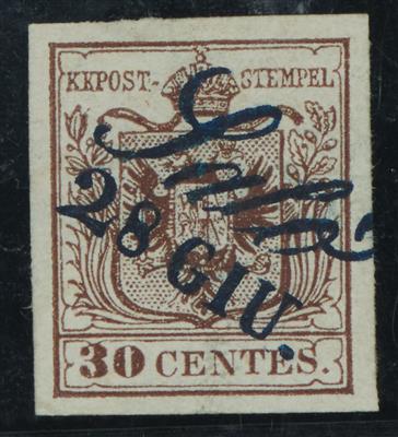 gestempelt - Lombardei Nr. 4 H Ia mit dunkelblauem Schreibstiftstpl. "Salo 28 GIU." (Sassone 10 Pkte.), - Briefmarken