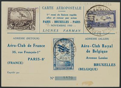 Poststück - Frankreich 1930 Mi Nr. 255 "E. I. P. A.30" auf Flugpostkarte mit Vignette und Zufrankatur nach Brüssel, - Francobolli