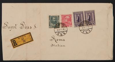 Poststück - Österr. 1914 - Rekobrief v. Wien nach Rom an den "Papst Pius X" - frank. m. 1 K(Paar) + 35 H +10 H, - Briefmarken