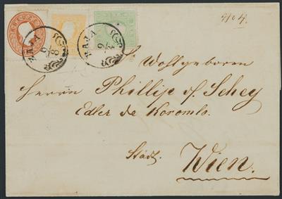 Poststück - Österr. Nr. 10 II orange +Nr. 12 bläulichgrün + Nr.21 braun, - Známky